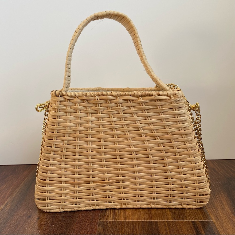 Zara Woven Raffia Straw Structured Handbag with Gold Chain Drawstring Linen - Picture 2 of 13